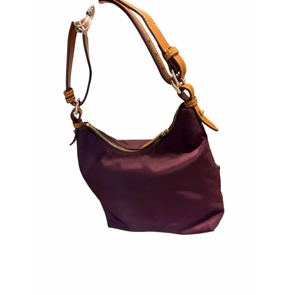 Dooney & Bourke Maroon Nylon Hobo Bag with Front Zip Pockets and Leather Trim